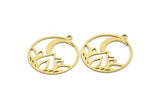 Brass Round Charm, 12 Raw Brass Lotus Flower And Crescent Moon Patterned Round Shaped Charms With 1 Loop, Findings (27x24x0.60mm) A3300