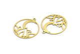 Brass Round Charm, 12 Raw Brass Lotus Flower And Crescent Moon Patterned Round Shaped Charms With 1 Loop, Findings (27x24x0.60mm) A3300
