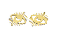 Brass Eye Charm, 6 Raw Brass Crescent Moon Patterned Eye Shaped Charms With 2 Loops, Connectors (34x30x0.60mm) A3493