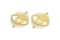 Brass Eye Charm, 8 Raw Brass Crescent Moon Patterned Eye Shaped Charms With 2 Loops, Connectors (30x26x0.60mm) A3491