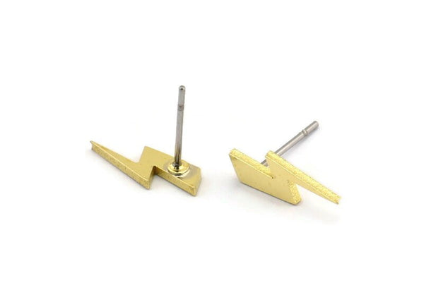 Brass Earring, 12 Raw Brass Lightning Bolt Stud Earrings (12x5x1mm) A3919