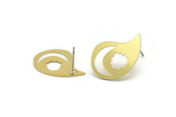 Earring Studs, 8 Raw Brass Crescent Moon And Cloud Patterned Irregular Shaped Stud Earrings - Brass Earrings - Earrings (22x16x0.60mm) A3286