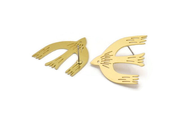 Brass Bird Earring, 4 Raw Brass Bird Stud Earrings (28x31x0.60mm) A3706
