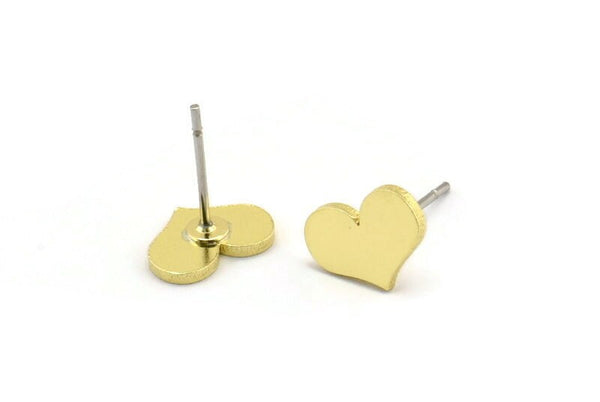 Brass Heart Earring, 12 Raw Brass Heart Shaped Stud Earrings (7x10x1mm) A3855