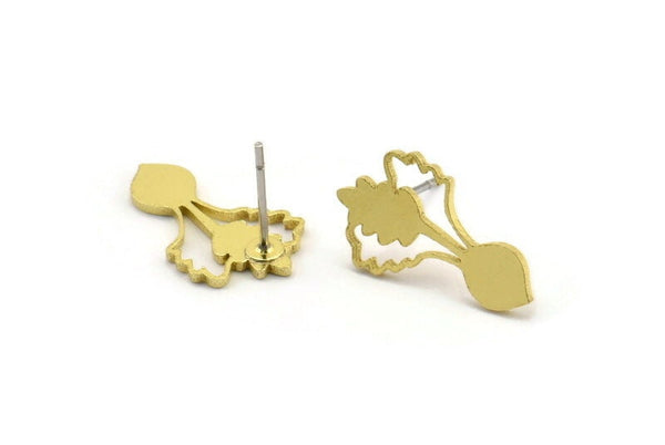 Brass Flower Earring, 10 Raw Brass Flower Shaped Stud Earrings (18x11x1mm) A3602