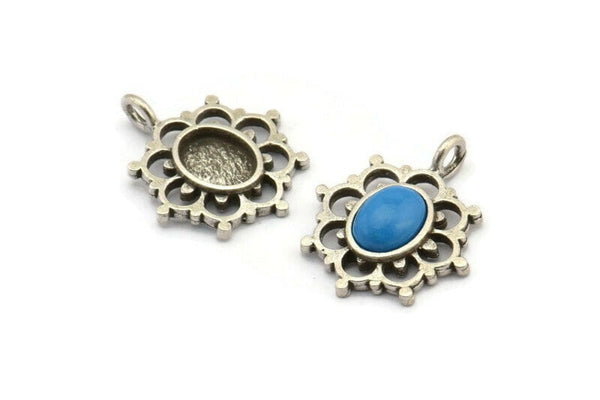 Gümüş Çiçek Tılsımı, 1 Halkalı 4 Antik Gümüş Kaplamalı Pirinç Çiçek Tılsımı - Ped Boyutu 6x8mm (21x17mm) N2076 H1473