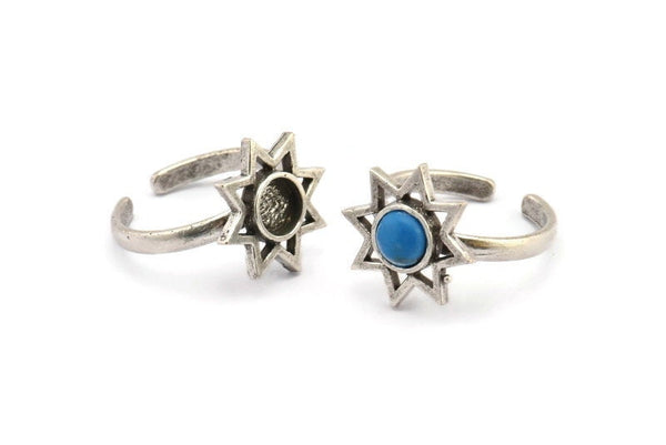 Silver Ring Settings, 2 Antique Silver Plated Brass Star Rings With 1 Round Shaped Stone Setting - Pad Size 6mm N2105 H1420