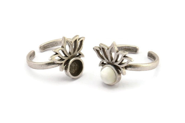 Silver Flower Ring, 2 Antique Silver Plated Brass Lotus Flower Rings - Pad Size 6mm N2102 H1415