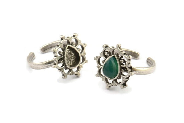 Silver Ring Settings, 2 Antique Silver Plated Brass Flower Rings With 1 Drop Shaped Stone Setting - Pad Size 8x6mm N2099 H1442