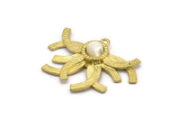 Brass Sun Charm, 2 Raw Brass Sunshine Charm Pendants With 1 Loop, Earrings - Pad Size 6mm (26x36mm) N0736