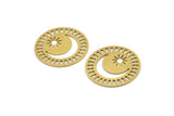 Brass Round Charm, 6 Raw Brass Crescent Moon And Sun Patterned Round Shape Charms (26x0.60mm) A3713