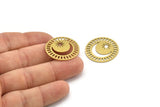 Brass Round Charm, 6 Raw Brass Crescent Moon And Sun Patterned Round Shape Charms (26x0.60mm) A3713