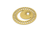 Brass Round Charm, 4 Raw Brass Crescent Moon And Sun Patterned Round Shape Charms (30x0.60mm) A3714