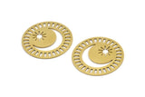Brass Round Charm, 4 Raw Brass Crescent Moon And Sun Patterned Round Shape Charms (30x0.60mm) A3714