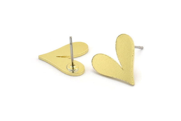 Brass Heart Earring, 8 Raw Brass Heart Shaped Stud Earrings (12x13x1mm) A3762
