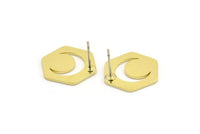 Pirinç Altıgen Küpe, 6 Ham Pirinç Hilal Desenli Altıgen Şekilli Küpe (18x16x1mm) A3756