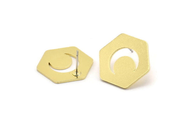 Brass Hexagon Earring, 4 Raw Brass Crescent Moon Patterned Hexagon Shaped Stud Earrings (21x19x1mm) A3755