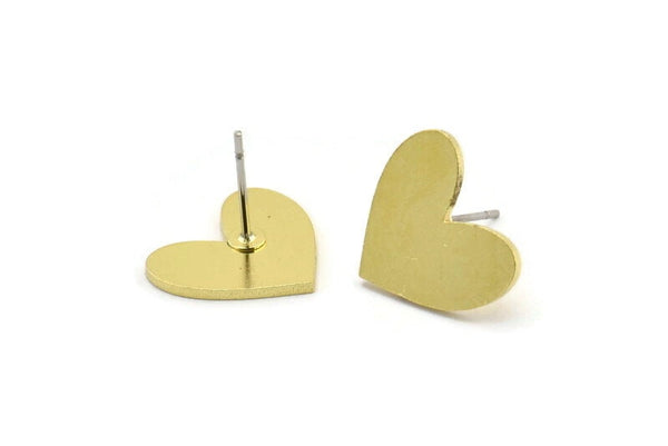 Brass Heart Earring, 8 Raw Brass Heart Stud Earrings (15x13x1mm) A6545 A3729