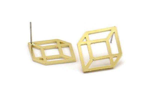 Brass Cube Earring, 6 Raw Brass Cube Stud Earrings (24x18x1mm) A3802