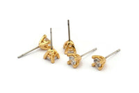 Gold Stud Earring, 4 Gold Plated Brass 4 Claw Stud Earrings, CZ Pave Earrings, Round Zircon Stud Earrings (5mm) SY0352