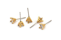 Gold Stud Earring, 4 Gold Plated Brass 4 Claw Stud Earrings, CZ Pave Earrings, Round Zircon Stud Earrings (5mm) SY0351