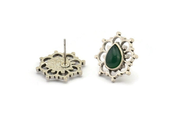 Gümüş Çiçek Küpe, 4 Antik Gümüş Kaplama Pirinç Çiçek Küpe - Ped Boyutu 6x8mm (16x18mm) N2088 H1433