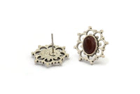 Gümüş Çiçek Küpe, 4 Antik Gümüş Kaplama Pirinç Çiçek Küpe - Ped Boyutu 6x8mm (16x18mm) N2089 H1432