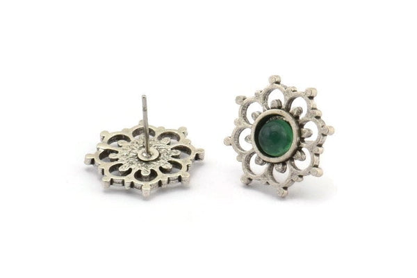 Gümüş Çiçek Küpe, 4 Antik Gümüş Kaplama Pirinç Çiçek Küpe - Ped Boyutu 6 mm (16x18 mm) N2087 H1421