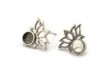 Gümüş Çiçek Küpe, 4 Antik Gümüş Kaplama Pirinç Lotus Çiçeği Küpe, 1 Yuvarlak Şekilli Taş - 6 mm Ped Boyutu N2085 H1423