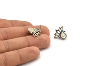 Gümüş Çiçek Küpe, 4 Antik Gümüş Kaplama Pirinç Lotus Çiçeği Küpe, 1 Yuvarlak Şekilli Taş - 6 mm Ped Boyutu N2085 H1423