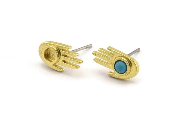 Brass Hand Earring, 8 Raw Brass Hand Shaped Stud Earrings With Pad - For 3mm Stones (12x7x1.2mm) N2052