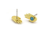Brass Hand Earring, 8 Raw Brass Hand Shaped Stud Earrings With Pad - For 3mm Stones (12x7x1.2mm) N2052