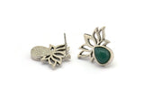 Gümüş Çiçek Küpe, 4 Antik Gümüş Kaplama Pirinç Lotus Çiçeği Küpe, 1 Damla Taşlı - Ped Boyutu 8x6mm N2084 H1424