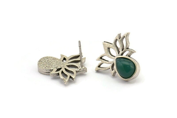 Gümüş Çiçek Küpe, 4 Antik Gümüş Kaplama Pirinç Lotus Çiçeği Küpe, 1 Damla Taşlı - Ped Boyutu 8x6mm N2084 H1424