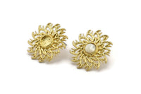 Brass Sun Earring, 2 Raw Brass Sunshine Stud Earrings with 6mm Stone pad (25mm) N0854