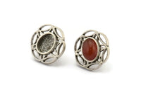 Gümüş Çiçek Küpe, 1 Oval Şekilli Taşlı 4 Antik Gümüş Kaplama Pirinç Çiçek Küpe - 8x6mm Ped Boyutu N2092 H1436