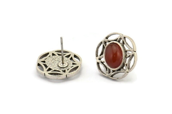 Gümüş Çiçek Küpe, 1 Oval Şekilli Taşlı 4 Antik Gümüş Kaplama Pirinç Çiçek Küpe - 8x6mm Ped Boyutu N2092 H1436