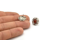 Gümüş Çiçek Küpe, 1 Oval Şekilli Taşlı 4 Antik Gümüş Kaplama Pirinç Çiçek Küpe - 8x6mm Ped Boyutu N2092 H1436