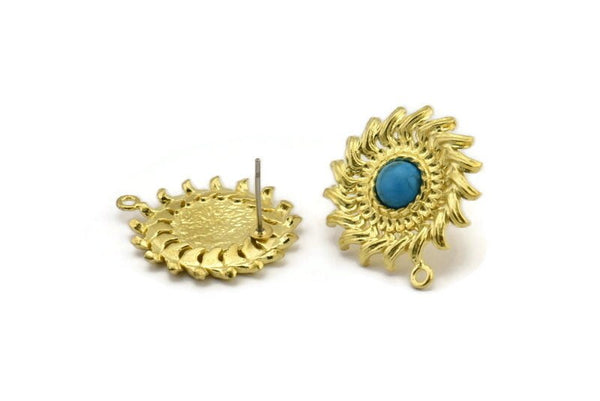 Brass Sun Earring, 2 Raw Brass Sunshine Stud Earrings with 6mm Stone pad, with 1 Loop (25x22mm) N0856