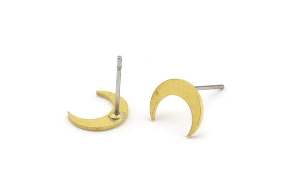 Brass Moon Earring, 12 Raw Brass Crescent Moon Shaped Stud Earrings (9x3x0.80mm) A4011