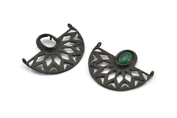 Ethnic Pendant with Stone Settings, 2 Oxidized Brass Black Semi Circle Pendants with 2 Loops and 1 Pad Setting (36x28x3.2x1mm) BS 1917 S350