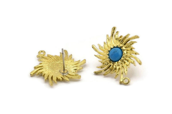 Brass Sun Earring, 4 Raw Brass Sunshine Stud Earrings with 6mm Stone pad, with 1 Loop (27x25mm) N0848