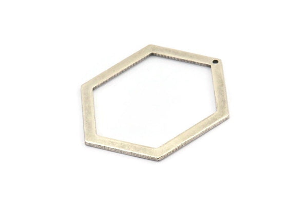 Hexagon Choker Charm, 6 Antique Silver Plated Brass Hexagon Charms With 1 Hole, Pendants, Findings (39x30x1mm) E076 H1203