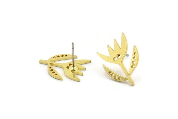 Brass Flower Earring, 8 Raw Brass Tulip Flower Shaped Stud Earrings (17x14x1mm) A3816