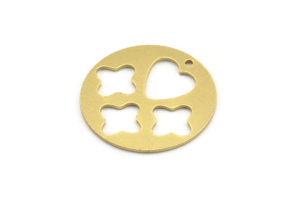 Brass Round Charm, 6 Raw Brass Heart And Positive Patterned Round Shape Charms With 1 Hole, Charm Pendants (28x1mm) A4142