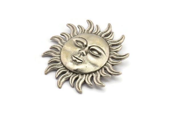 Gümüş Güneş Charm, Antik Gümüş Kaplamalı Pirinç Güneş Şeklinde Charm, 1 Döngülü (52x51mm) N2143 H1561