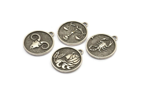 Silver Zodiac Signs, Zodiac Signs With 1 Loop, Antique Silver Plated Brass Zodiac, Horoscope Charms, Astrology Zodiac Charms (27.5x24x2.5mm)