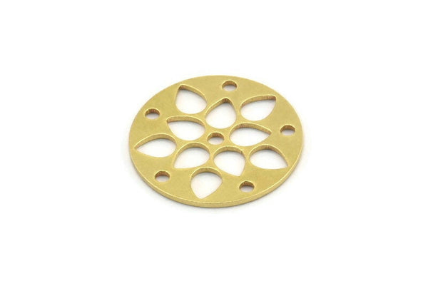 Brass Flower Charm, 12 Raw Brass Round Shaped Flower Charms With 6 Holes, Charm Pendants (20x0.80mm) A4151