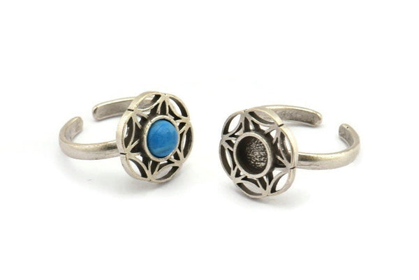 Silver Ring Settings, 2 Antique Silver Plated Brass Flower Rings With 1 Round Shaped Stone Setting - Pad Size 6mm N2097 H1441