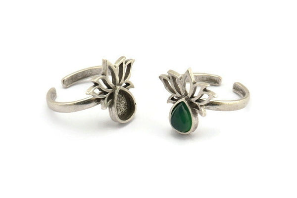 Gümüş Çiçek Yüzük, 2 Antik Gümüş Kaplama Pirinç Lotus Çiçeği Yüzük - Ped Boyutu 8x6mm N2104 H1417